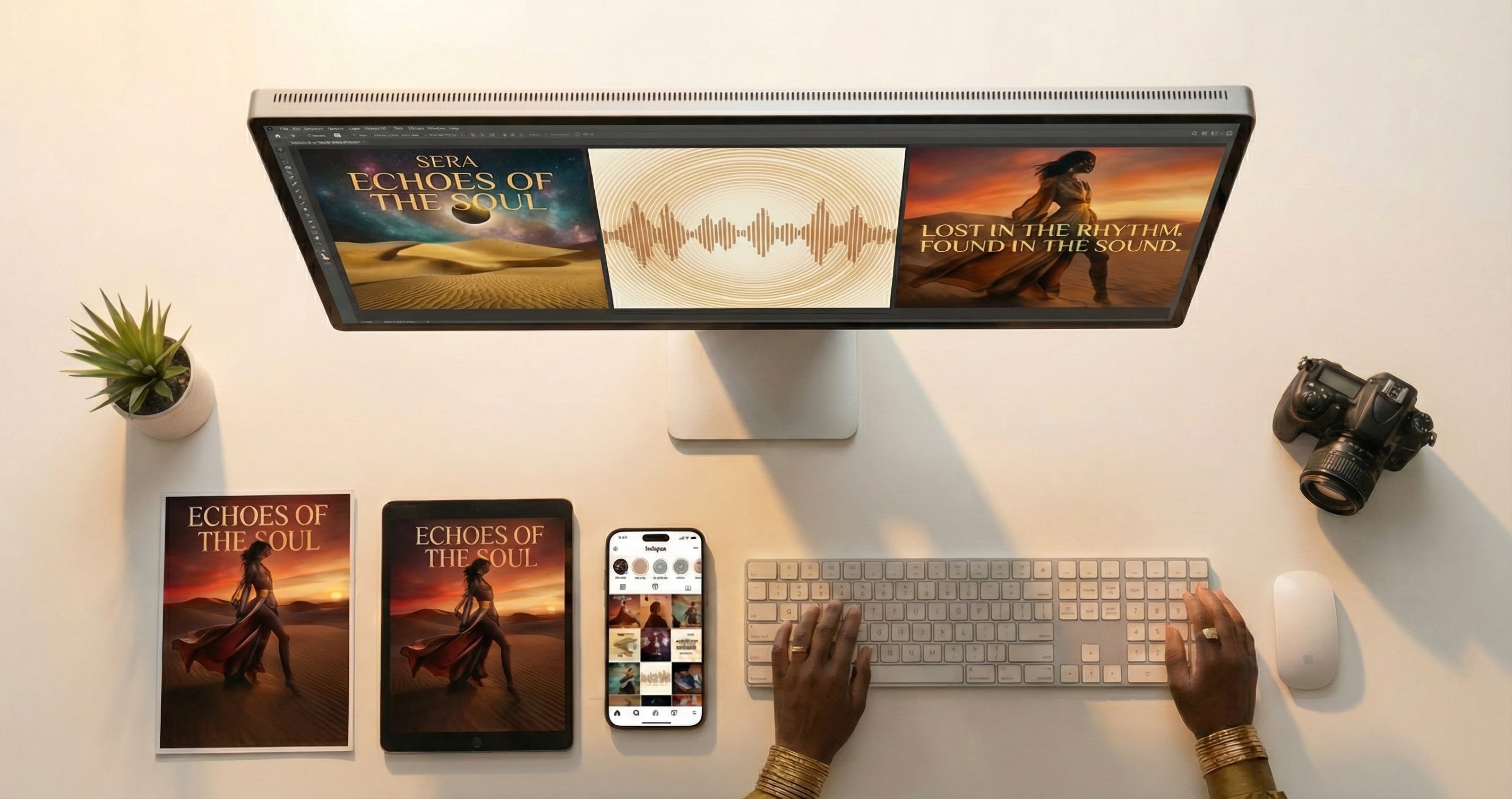 Visual release kit showcase - devices displaying cover art, lyric videos, and promo materials
